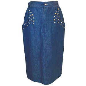 Vintage 80s Denim Studded Pencil Skirt With Belt Loops Petite